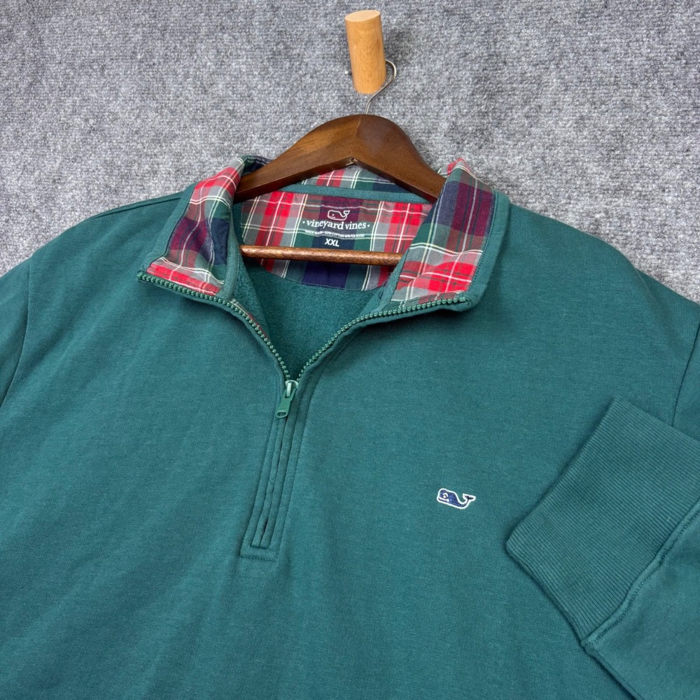 Vineyard Vines Pullover Mens XXL Green Plaid Collar Quarter Zip Sweatshirt 0646